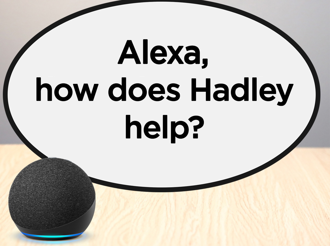 Spherical Amazon Echo. Next to it are the words "Alexa, how does Hadley help?" in big bold print within a white oval.