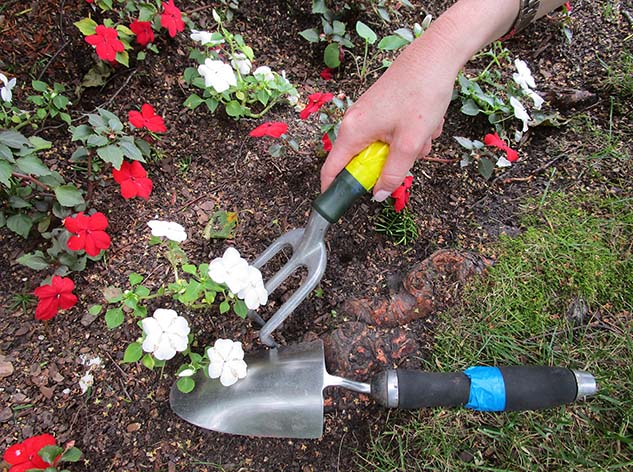 Yellow taped garden hand fork being used on white flowers. A blue taped hand trowel is on the ground.